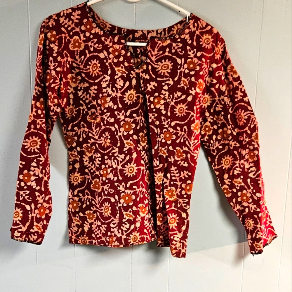 Dark Red Floral Print Full Sleeves Top